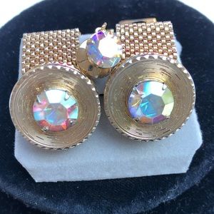 Vintage Gold Mesh Cufflinks Tie Tack Set Rivoli Rhinestones